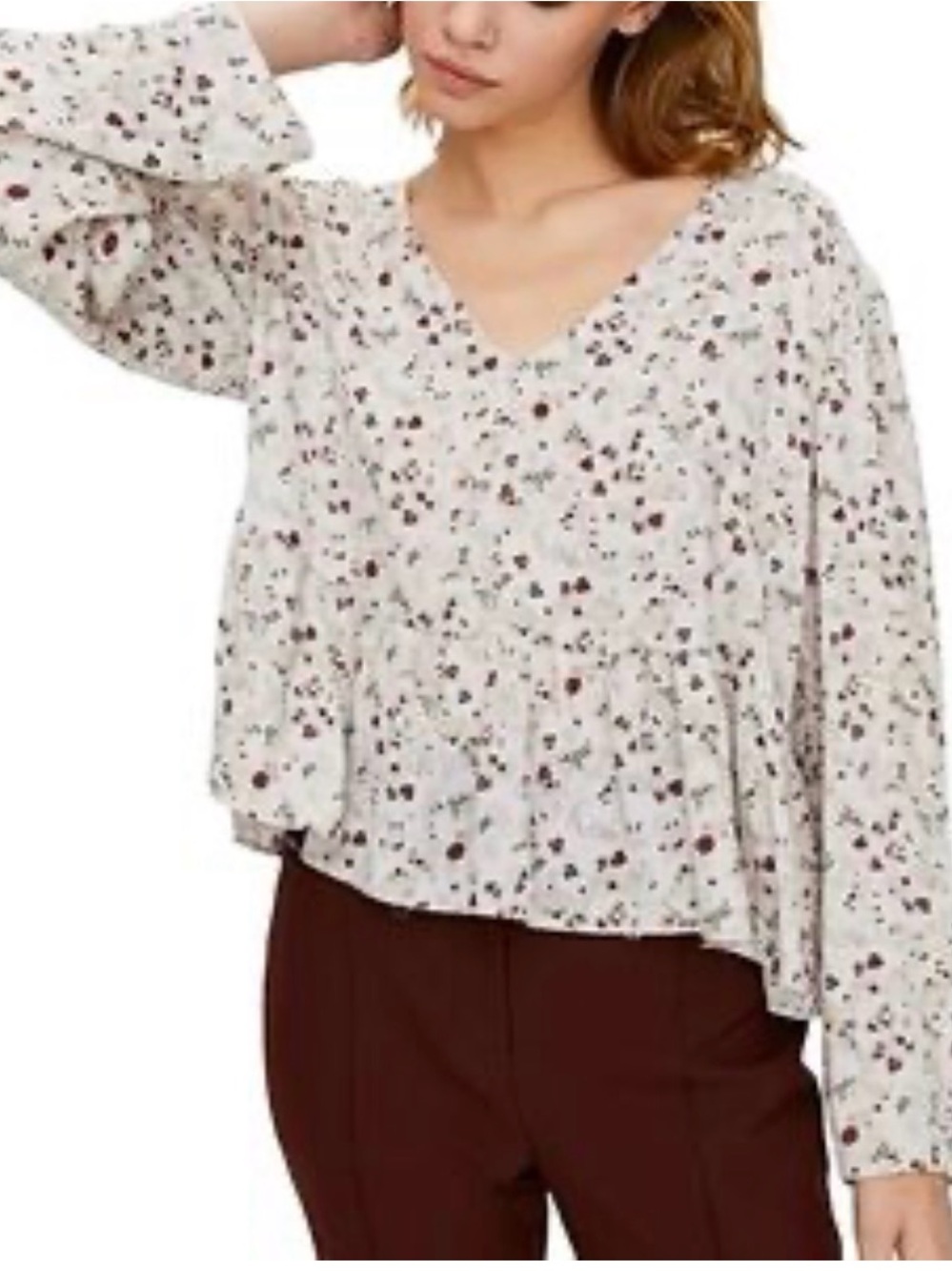 Aritzia Little Moon Beige Floral V-Neck Peplum Blouse